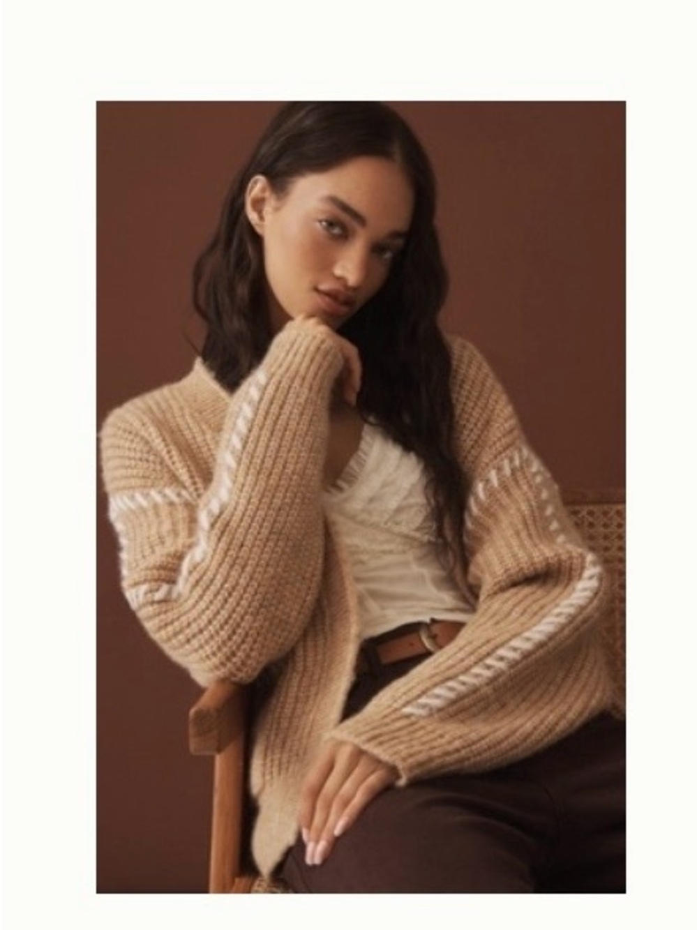 Camel Cardigan with White Stitching - Women's Cozy Open Front Sweater